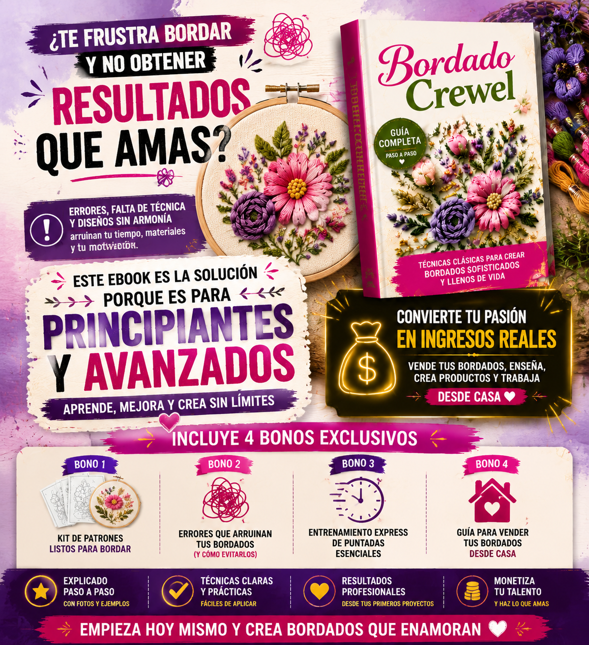 Bordado Crewel — Guía Completa de Puntadas Clásicas y Flores 3D (eBook + 4 Bonos)