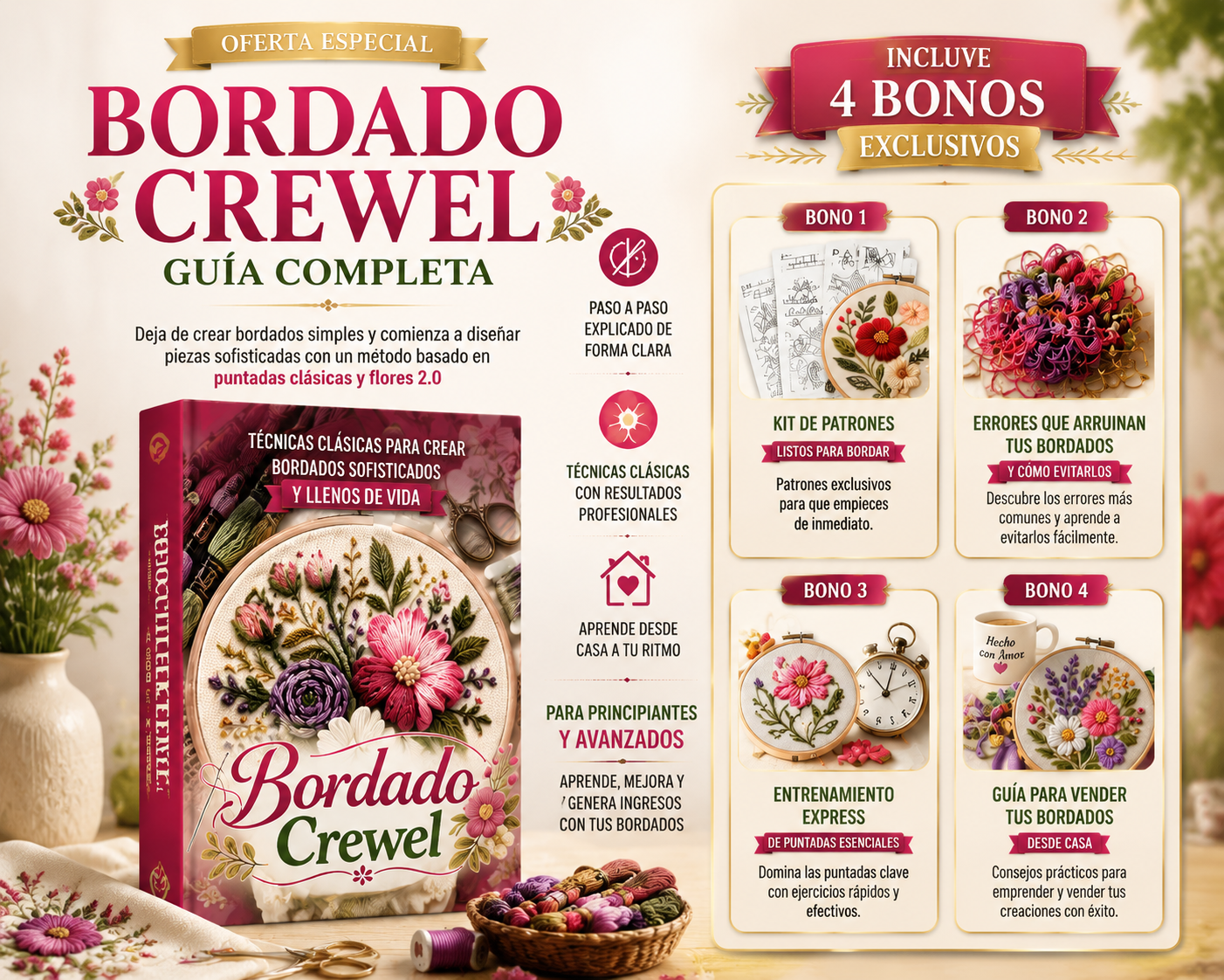 Bordado Crewel — Guía Completa de Puntadas Clásicas y Flores 3D (eBook + 4 Bonos)